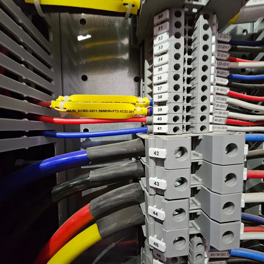 Cableado de control con bloques de prueba en un tablero de subestación